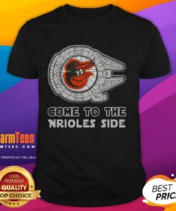 Awesome Star Wars Come To The Baltimore Orioles Side T-Shirt featuring iconic characters and vibrant team colors.
