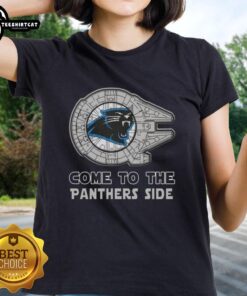 Alt Text: Awesome Star Wars themed Carolina Panthers Ladies Tee showcasing a stylish design for fans.