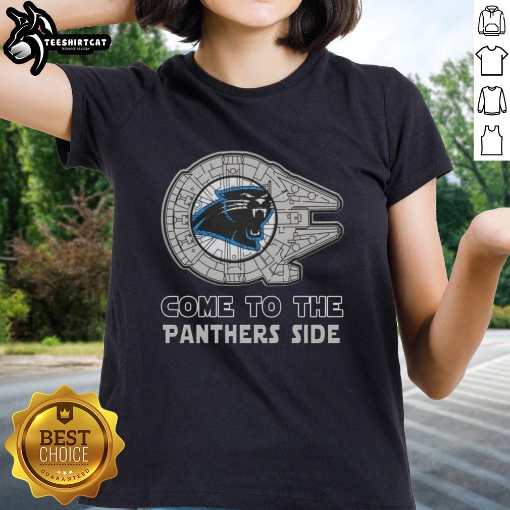 awesome-star-wars-come-to-the-carolina-panthers-side-ladies-tee Alt Text: Awesome Star Wars themed Carolina Panthers Ladies Tee showcasing a stylish design for fans.