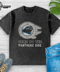 Alt Text: Awesome Star Wars Come to the Carolina Panthers Side Washed T-Shirt featuring bold graphics and vibrant colors.