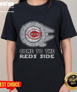 Awesome Star Wars Cincinnati Reds Side Ladies Tee featuring iconic characters and team logo in vibrant colors.