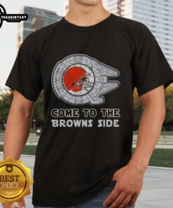 Awesome Star Wars Come To The Cleveland Browns Side T-Shirt featuring iconic characters and team colors for fans.