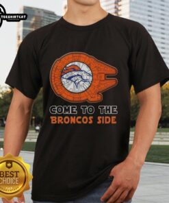 Awesome Star Wars Denver Broncos t-shirt featuring iconic characters in team colors, perfect for fans and collectors.