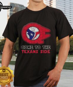Awesome Star Wars Come To The Houston Texans Side T-Shirt featuring iconic characters and team colors for fans.