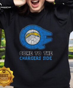 Awesome Star Wars Los Angeles Chargers side sweatshirt featuring iconic characters and vibrant team colors.