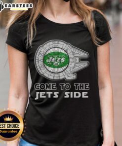 Awesome Star Wars New York Jets Side Ladies Tee featuring iconic designs for fans of both franchises.