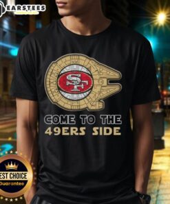 Awesome Star Wars Come To The San Francisco 49ers Side T-Shirt featuring iconic characters and team logo in vibrant colors.