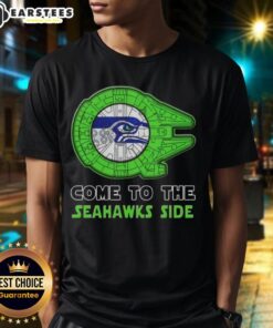 Awesome Star Wars Come To The Seattle Seahawks Side T-Shirt featuring iconic characters and team colors in a stylish design.