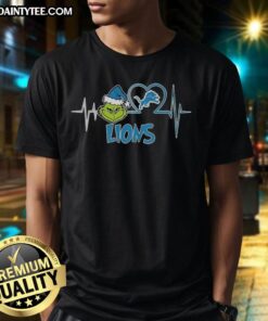 Awesome The Grinch Heartbeat X Detroit Lions Football Lover T-Shirt featuring a festive design for fans of the NFL.