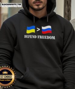 Alt Text: Awesome Ukraine Greater Than Russia Flag Defend Freedom Hoodie showcasing vibrant colors and bold design for supporters.