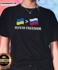 Awesome Ukraine Greater Than Russia flag design on a women's tee, promoting freedom and support for Ukraine.