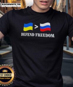 Awesome Ukraine Greater Than Russia Flag Defend Freedom T-Shirt showcasing a bold design celebrating Ukrainian pride.