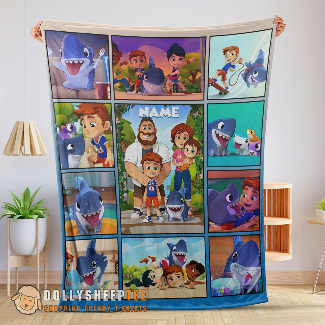 Cartoon Sharkdog With Family Blanket Fleece Customized Blanket