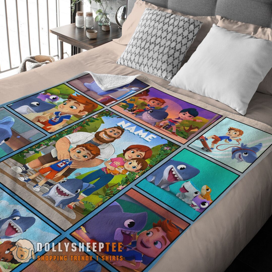 Cartoon Sharkdog With Family Blanket Fleece Customized Blanket