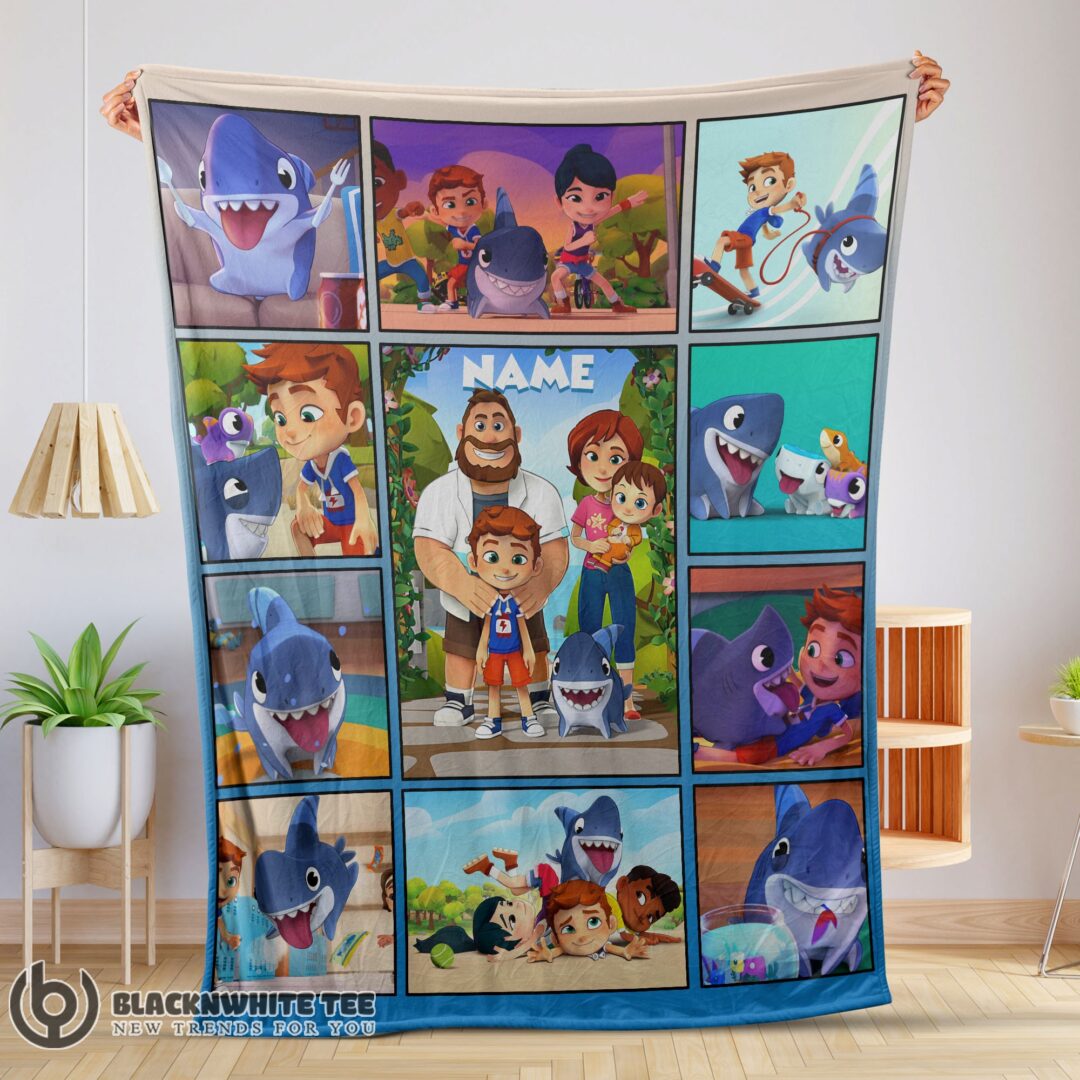 Cartoon Sharkdog With Family Blanket Fleece Customized Premium Blanket