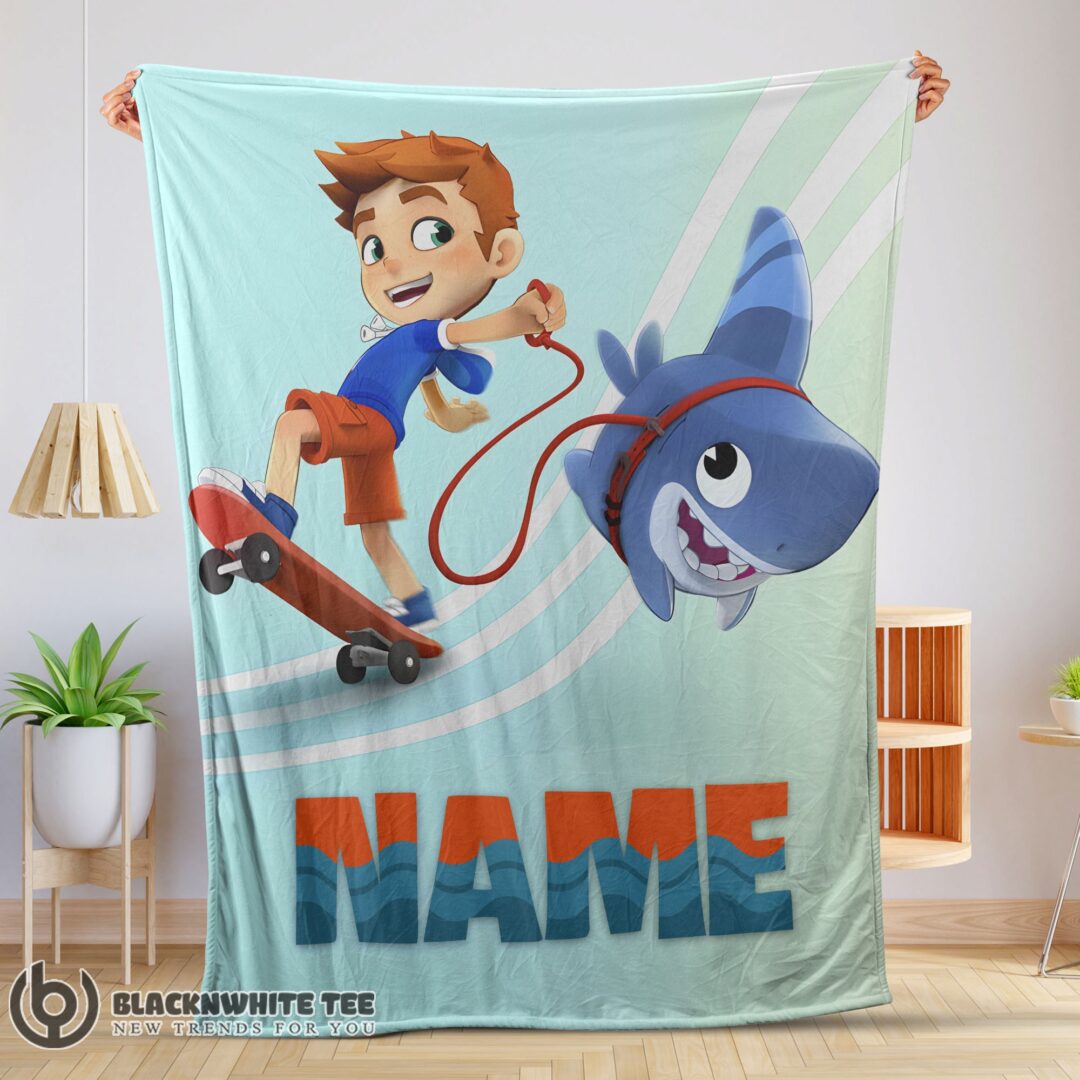 Catoon Sharkdog Sharkdog And Max Skateboarding Blanket Fleece Customized Premium Blanket-01