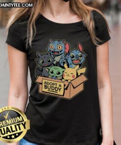 Alt Text: Cute Adopt A Buddy animal game movie ladies tee featuring playful graphics and vibrant colors for animal lovers.