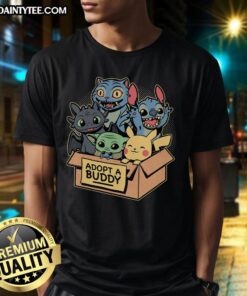 Alt Text: Cute Adopt A Buddy Animal Game Movie T-Shirt featuring playful graphics of adorable animals ready for adoption.
