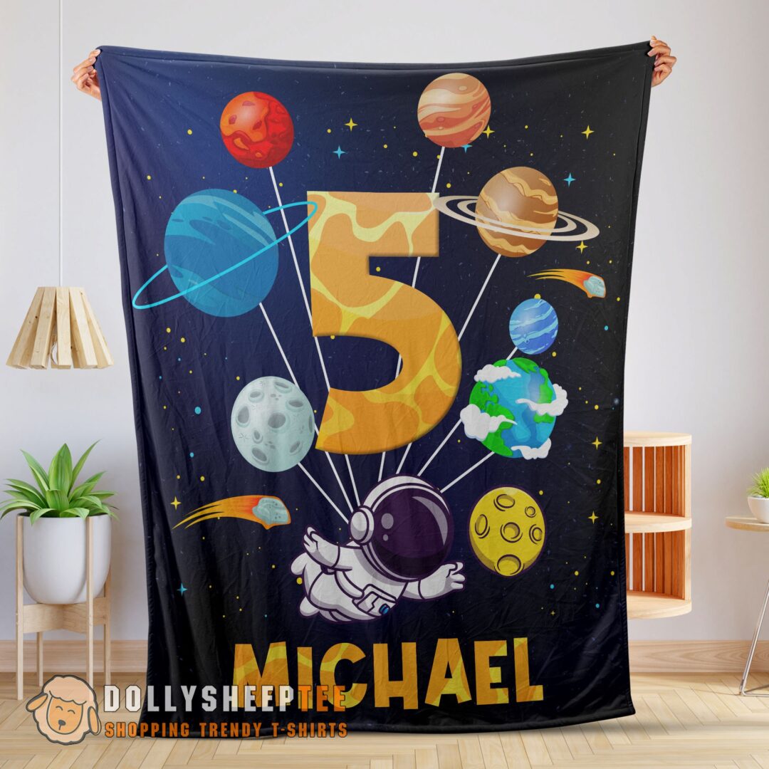 Cute Astronaut Catching Moon Cartoon Blanket Fleece Customized Blanket