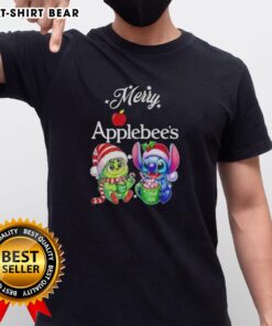 Alt Text: Cute Baby Grinch and Stitch on Merry Christmas T-Shirt from Applebee's, perfect for festive holiday cheer.
