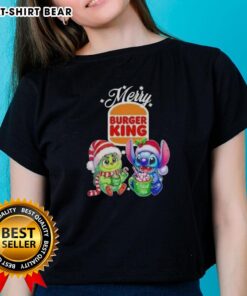 Alt Text: Cute baby Grinch and Stitch on a Merry Christmas ladies tee from Burger King, perfect for festive celebrations.