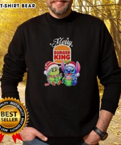 Cute Baby Grinch and Stitch on Merry Christmas sweatshirt from Burger King, perfect holiday apparel for kids.