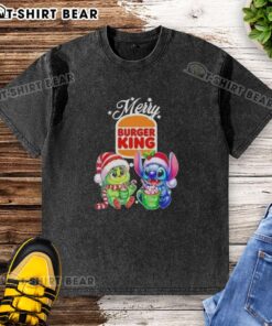 Alt Text: Cute Baby Grinch and Stitch design on a Merry Christmas washed t-shirt from Burger King, perfect for festive wear.