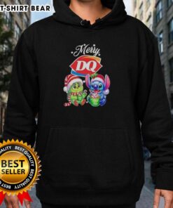 Alt Text: Cute baby Grinch and Stitch in a Dairy Queen Merry Christmas hoodie, perfect for festive holiday celebrations.
