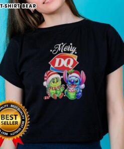 Cute Baby Grinch and Stitch on a Dairy Queen Merry Christmas Ladies Tee, perfect for holiday celebrations.