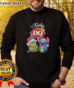 Cute Baby Grinch and Stitch X Dairy Queen Merry Christmas sweatshirt showcasing festive holiday cheer.