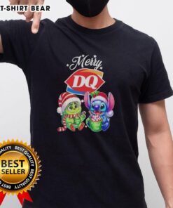 Alt Text: Cute Baby Grinch and Stitch on a Merry Christmas T-Shirt from Dairy Queen, perfect for festive holiday celebrations.