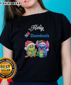 Alt Text: Cute Baby Grinch and Stitch X Dominos Merry Christmas Ladies Tee featuring festive designs and vibrant colors.