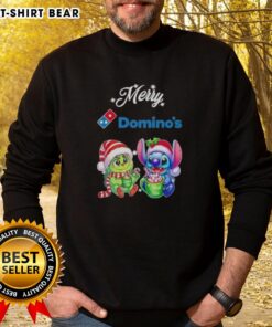 Cute Baby Grinch and Stitch X Dominos Merry Christmas Sweatshirt, perfect festive apparel for holiday celebrations.
