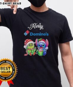 Alt Text: Cute Baby Grinch and Stitch on a Domino's Merry Christmas T-Shirt, perfect for festive holiday celebrations.