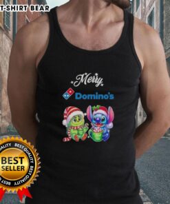 Cute Baby Grinch and Stitch X Dominos Merry Christmas tank top design for festive holiday celebrations.