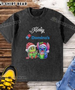 Alt Text: Cute baby Grinch and Stitch design on a Merry Christmas washed t-shirt, perfect for festive celebrations.