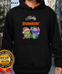 Cute baby Grinch and Stitch in festive Merry Christmas hoodie from Dunkin, perfect for holiday cheer and warmth.