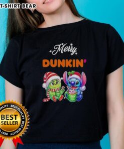Alt Text: Cute Baby Grinch and Stitch X Dunkin Merry Christmas ladies tee featuring festive holiday designs.