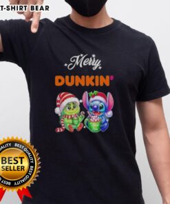 Alt Text: Cute Baby Grinch and Stitch X Dunkin' Merry Christmas T-Shirt featuring festive holiday design for kids.