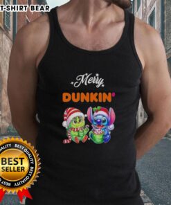 Cute baby Grinch and Stitch in festive Dunkin tank top for Merry Christmas celebration, perfect holiday outfit.