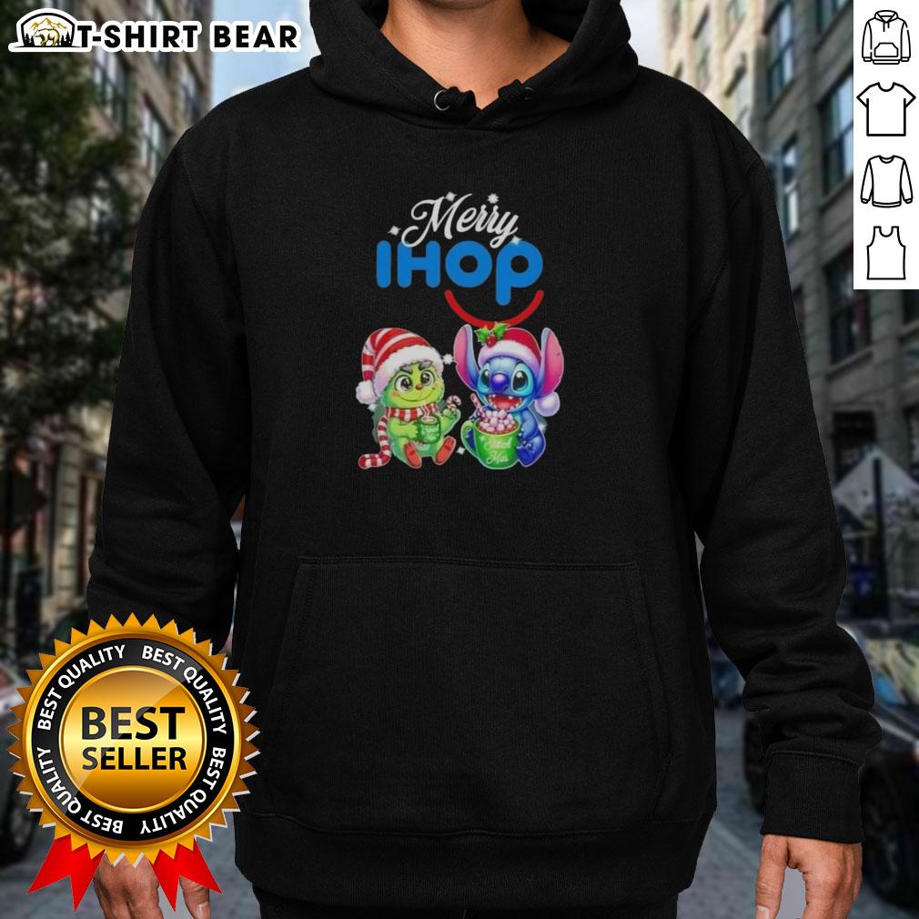 Cute Baby Grinch And Stitch X Ihop Merry Christmas Hoodie Alt Text: Cute Baby Grinch and Stitch X IHOP Merry Christmas Hoodie for festive holiday celebrations.
