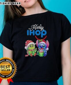 Cute Baby Grinch and Stitch on IHOP Merry Christmas Ladies Tee, perfect for festive holiday celebrations and adorable style.