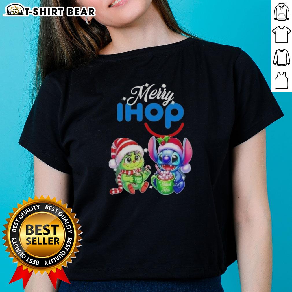 Cute Baby Grinch And Stitch X Ihop Merry Christmas Ladies Tee Cute Baby Grinch and Stitch on IHOP Merry Christmas Ladies Tee, perfect for festive holiday celebrations and adorable style.