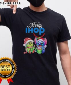 Alt Text: Cute Baby Grinch and Stitch Christmas T-Shirt from IHOP, perfect for festive holiday celebrations.