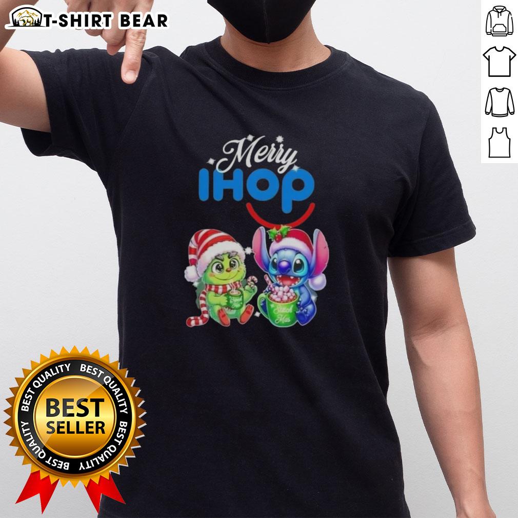 Cute Baby Grinch And Stitch X Ihop Merry Christmas T Shirt Alt Text: Cute Baby Grinch and Stitch Christmas T-Shirt from IHOP, perfect for festive holiday celebrations.