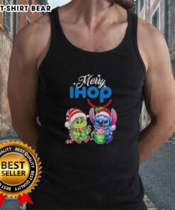 Alt Text: Cute baby Grinch and Stitch in IHOP Merry Christmas tank top, perfect for festive holiday fun and celebrations.