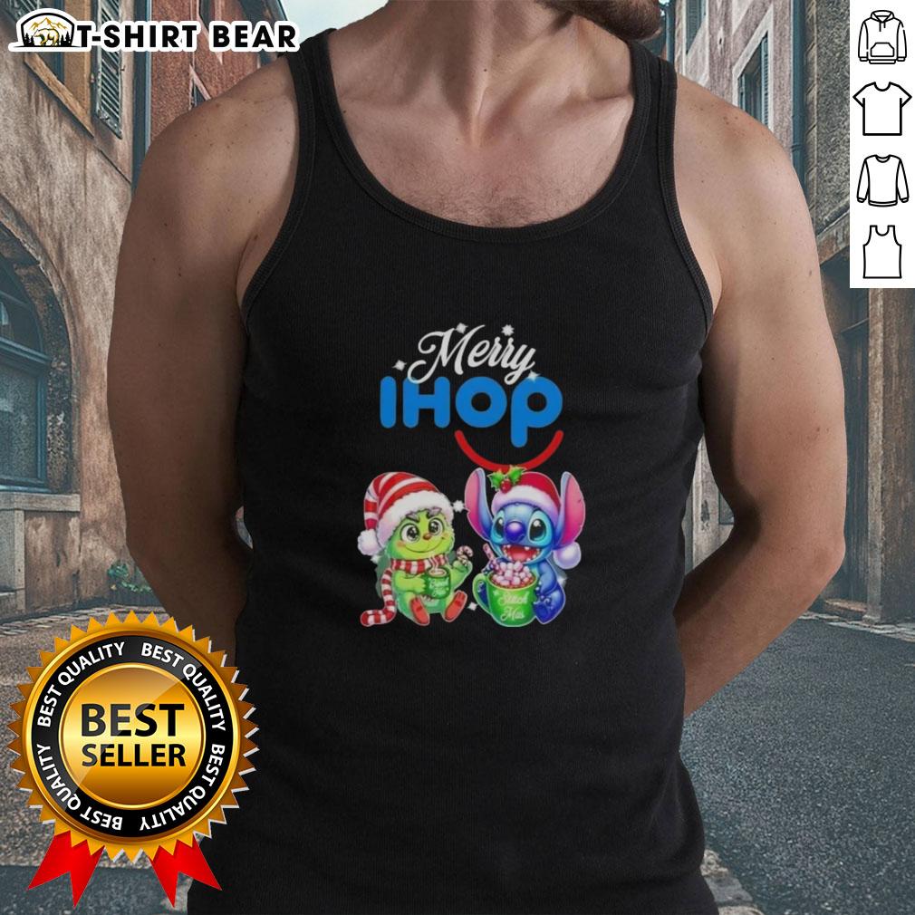Cute Baby Grinch And Stitch X Ihop Merry Christmas Tank Top Alt Text: Cute baby Grinch and Stitch in IHOP Merry Christmas tank top, perfect for festive holiday fun and celebrations.