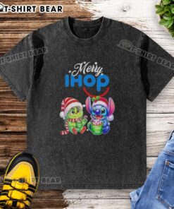 Cute Baby Grinch and Stitch X IHOP Merry Christmas washed t-shirt for festive holiday fashion and fun.