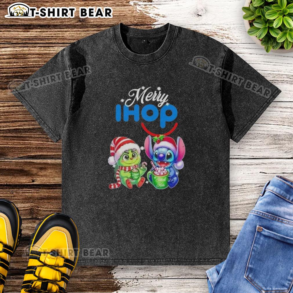 Cute Baby Grinch And Stitch X Ihop Merry Christmas Washed T Shirt Cute Baby Grinch and Stitch X IHOP Merry Christmas washed t-shirt for festive holiday fashion and fun.