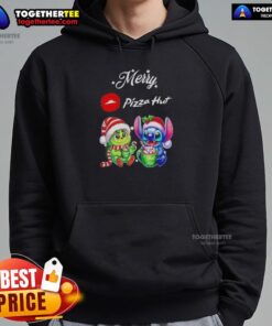 Alt Text: Cute baby Grinch and Stitch in a Pizza Hut Merry Christmas hoodie, perfect for festive holiday celebrations.